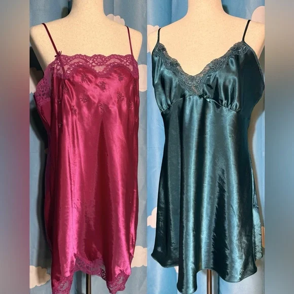 2 vintage slips. Fuschia and forest green. Lacy, embroidery on pink- L - Picture 1 of 11